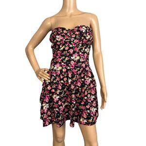 Y2K Strapless Fit & Flare Mini Dress Black Floral Pattern Cottagecore Whimsigoth